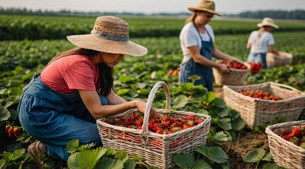Picking ripe strawberries in a sunlit field, people joyfully harvest fresh produce among lush greenery on a warm summer day, celebrating nature's bounty and the joy of community work