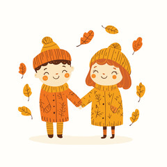 Cartoon kids holding hands with autumn leaves.