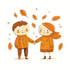Cartoon kids holding hands with autumn leaves.