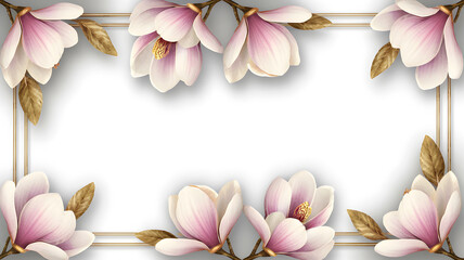 Naklejka premium Elegant floral border with magnolia flowers on a white background. The white space in the center adds balance, creating a refined aesthetic for elegant designs.