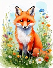 Fototapeta premium Whimsical watercolor fox in a meadow surrounded by wildflowers