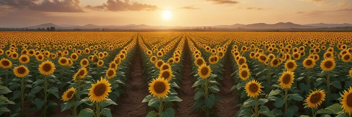Fototapeta premium sunflower fields stretching towards the horizon, golden fields, nature photography, sunflowers