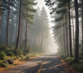 Obraz premium A country road that winds its way through a sea of tall pine trees and misty fog, rural landscape, woods, atmospheric effects