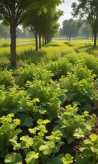 Naklejka premium A field of healthy mustard greens with a few trees scattered throughout for shade, green fields, healthy crops, rustic charm