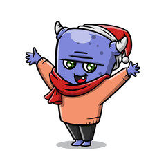 Happy horned monster in a sweater scarf and Santa hat, suitable for festive designs, childrens illustrations, holiday cards, and merchandise.