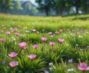 Fototapeta premium A delicate spring flower blooms on a lush green meadow , blooming flowers, yellow flowers