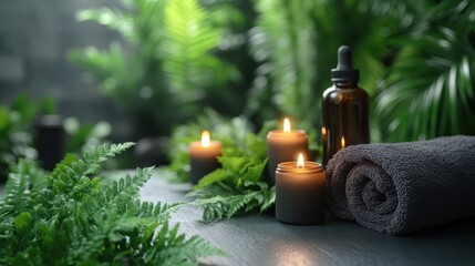 A serene spa setting with candles, a bottle, and a towel surrounded by lush greenery.