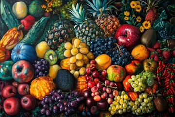 A diverse collection of fresh fruits and vegetables is artistically arranged alongside bright flowers, creating a lively and colorful garden atmosphere.