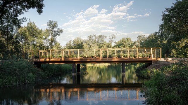 A pedestrian bridge made of locally sourced timber, with integrated planters that support native vegetation