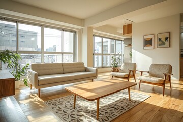 A modern minimalist interior in the living room with a sofa and a small pot view. Genetic AI
