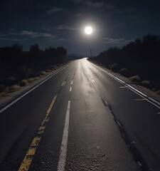 Fototapeta premium A single beam of moonlight cuts through the darkness on a deserted road at night, solitude, lunar illumination