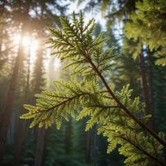 Naklejka premium A single Norway Spruce branch stretching towards the sunlight filtering through the forest canopy, woodland foliage, evergreen tree