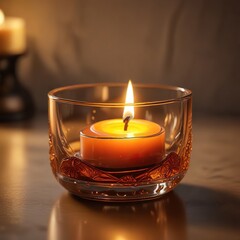 Softly glowing amber candle in a glass holder, soft light, peaceful ambiance