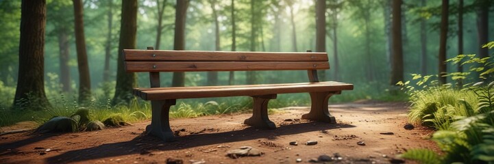 Fototapeta premium Wooden bench in the midst of a forest clearing, natural seating, tree surroundings, forest