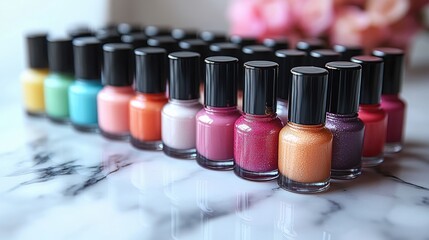 A colorful array of nail polish bottles arranged neatly on a marble surface.