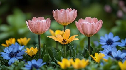 A vibrant arrangement of pink and yellow flowers among lush greenery.