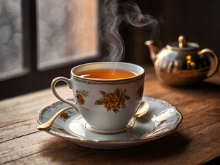 Obraz premium a cup of warm tea in the morning