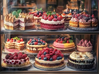Maracons cakes on the window of a pastry shop