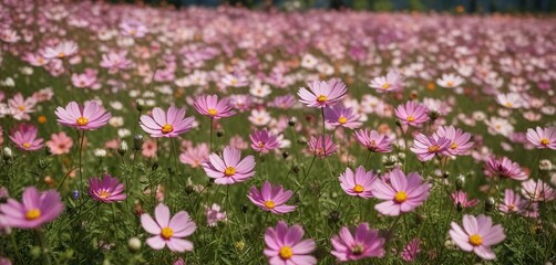 Fototapeta premium Field of cosmos flowers swaying gently in the breeze, blooming, field, stems