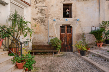 The facade of a small church among the alleys of Maranola, a small medieval town in the municipality of Formia, Italy.