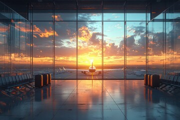 Vibrant sunset at airport terminal luggage display travel hub modern interior panoramic view journey begins