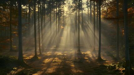 Sunbeams pierce through misty autumn forest.