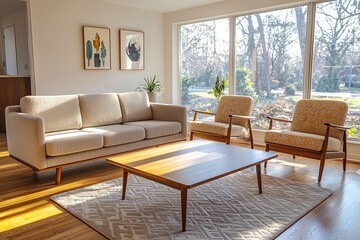 Minimalist, mid century modern interior design in the living room with windows visible and sofa and wood table. Generative AI
