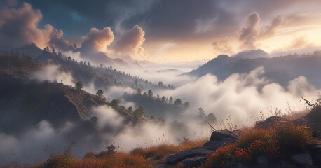 Naklejka premium Dense fog swirls around a misty landscape, with tendrils of smoke wafting through the air, smoke, hazy, surreal