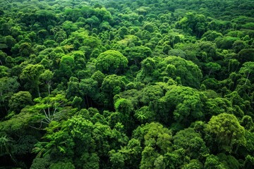 The lush canopy of a tropical rainforest stretches across the landscape, filled with diverse shades of green under clear skies, highlighting nature's untouched beauty.