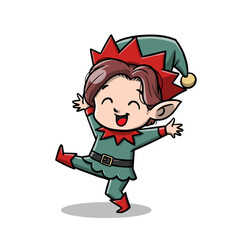 Happy elf in green attire dancing joyfully, perfect for Christmas cards, holiday greetings, winter festivities, and seasonal promotions.