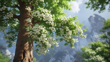 Fototapeta premium Tall tree with green leaves and white flowers, landscape, spathodea campanulata, african tulip tree