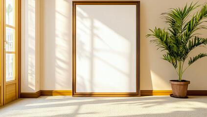 Photo of a Large Blank Frame on the Wall with an Empty White Canvas Inside and Wooden Edges