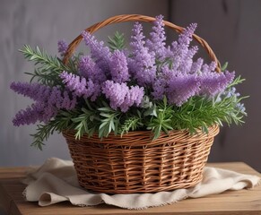 A posy of lilac flowers with some sprigs of rosemary and eucalyptus in a wicker basket, lilac posy, rustic vase, wicker basket