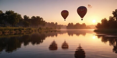 Air balloon drifting gently over the calm surface of a river at dawn, serene landscape, gentle morning, peaceful atmosphere