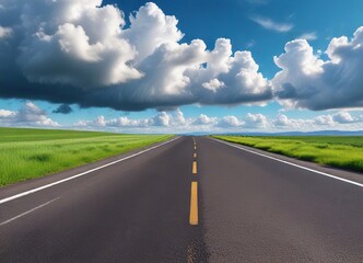 Fototapeta premium Asphalt road with green grass field in the background and a blue sky with white clouds, peaceful countryside , green grass field, asphalt road