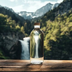Obraz premium Clear water bottle on wooden table with a mountain waterfall in the background during daylight