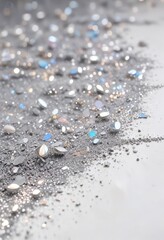 Iridescent silver glitter on a crisp white canvas, ethereal radiance, subtle sparkle
