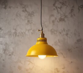 Obraz premium Hanging light fixture with a yellow metal shade, yellow hue, decorative lighting , warm illumination