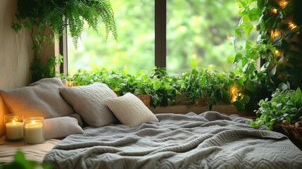 A cozy nook filled with greenery, soft pillows, and candles, inviting relaxation and tranquility.