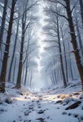 Naklejka premium Snowy forest with frosty trees and sparkling snowflakes, ice crystals, sparkling snowflakes, frosty trees