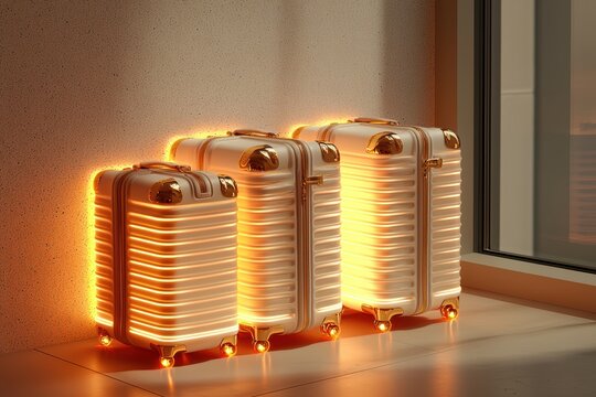 Minimalist travel essentials cream and gold suitcases in a modern interior travel inspiration contemporary close-up luxury aesthetic