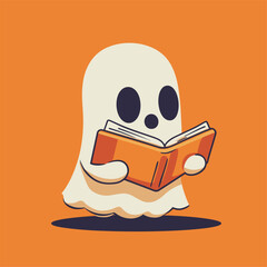 Cute ghost reading a book on an orange background.