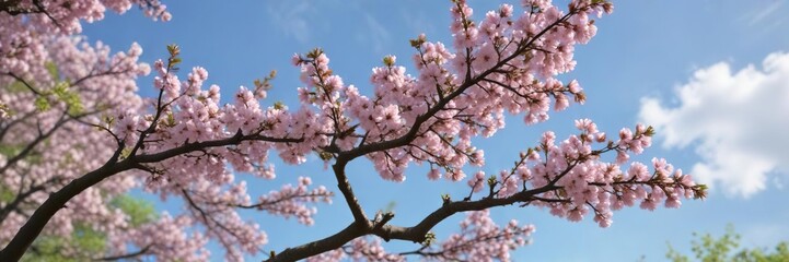 Obraz premium A single sakura tree in full bloom with pale pink petals unfolding against a clear blue sky and lush green foliage, nature, spring season, flowers in bloom