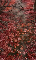 A carpet of fallen sakura leaves and twigs in a dense forest, sakura, forest, cherry blossom
