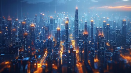 Obraz premium Illuminated futuristic cityscape with glowing network connections.