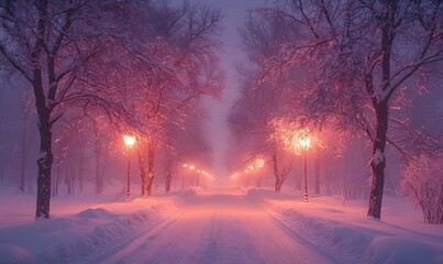 Winter nights showcase a blizzard with snowy streets and rime-velvet branches under light purple and pink hues