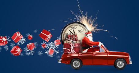 Christmas is coming. Santa Claus on toy car delivering New Year 2025 gifts and countdown clock at blue background with fireworks