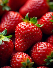 A close-up of fresh, ripe red strawberries with green leaves