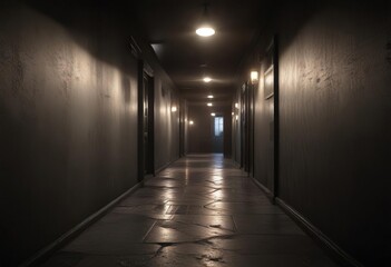 Single bulb illuminating a long and narrow dark hallway, darkness, solitude, isolation