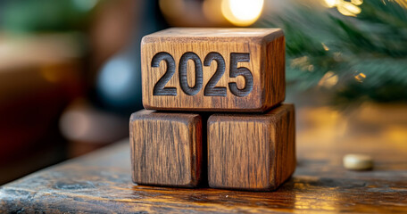 Wooden blocks displaying year 2025, symbolizing future aspirations and goals. Perfect for decor or celebrations